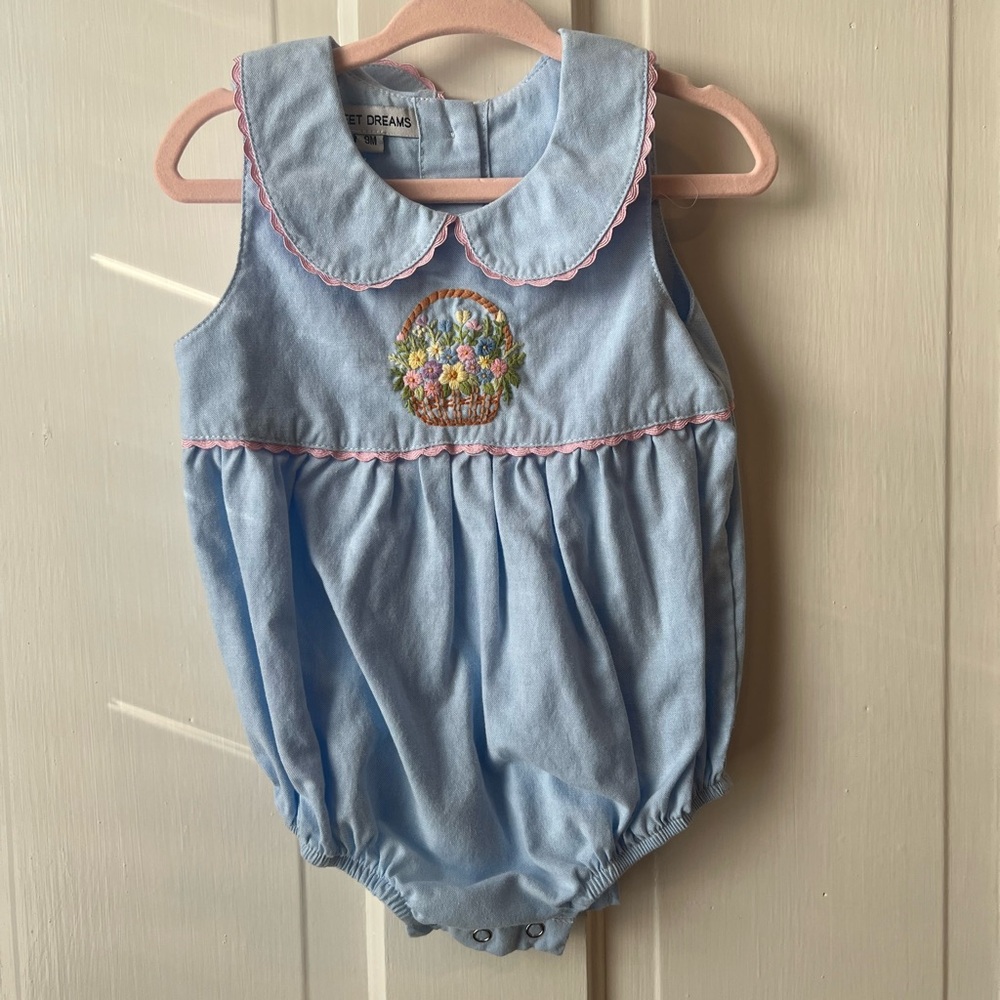 Blue Baby Bubble with Floral Basket Embroidery